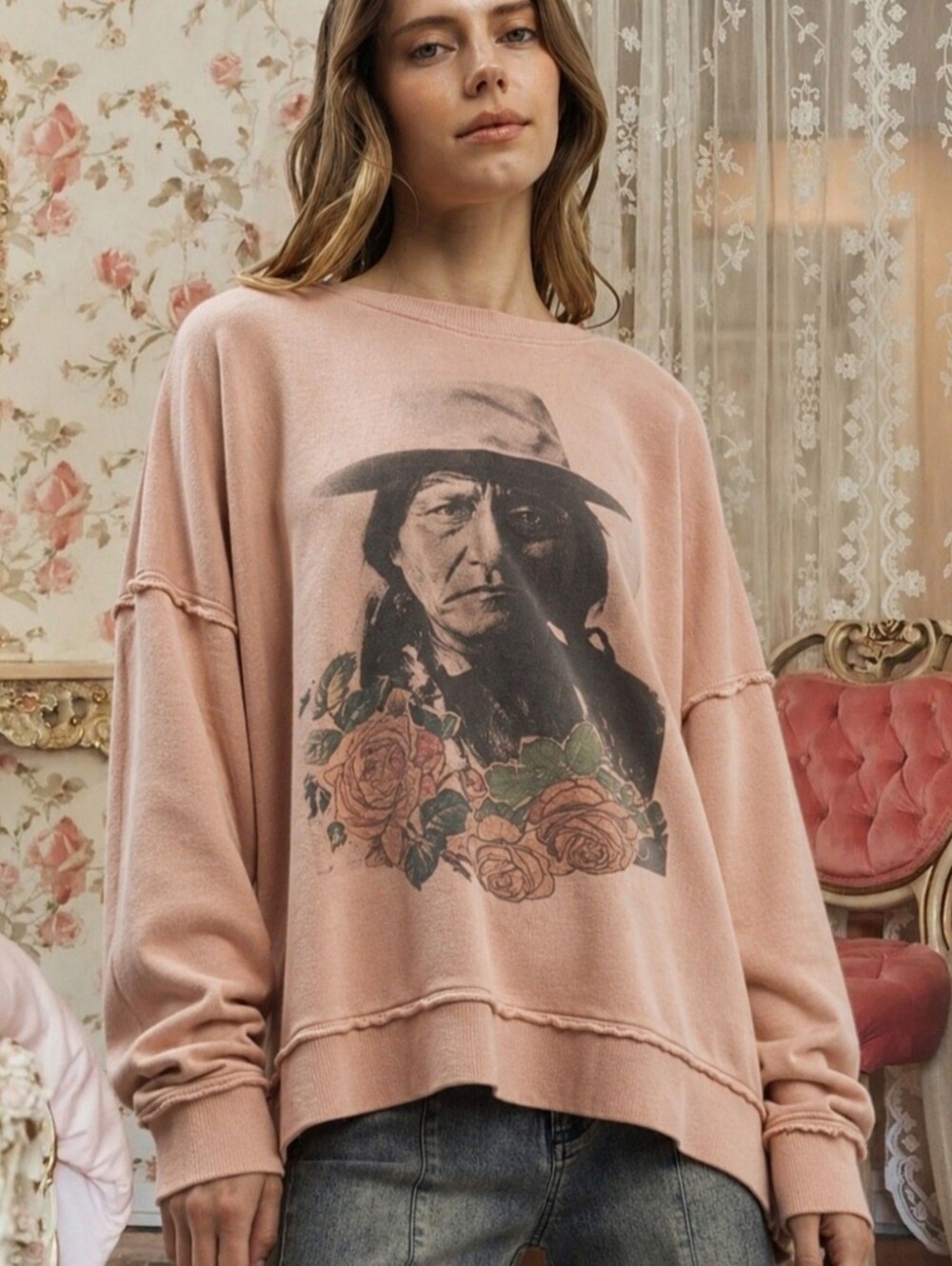 Magnolia Look Free Style Native American Rose Sweater Boho Sweatshirt Top M NWT